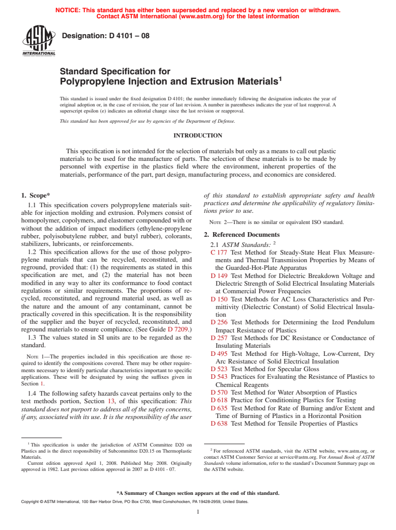 ASTM D4101-08 - Standard Specification for Polypropylene Injection and Extrusion Materials