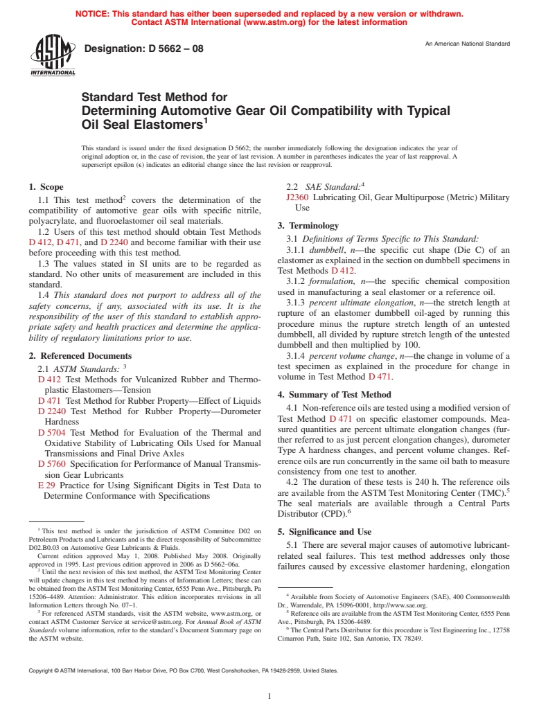 ASTM D5662-08 - Standard Test Method for Determining Automotive Gear Oil Compatibility with Typical Oil Seal Elastomers