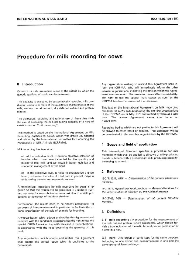 ISO 1546:1981 - Procedure for milk recording for cows