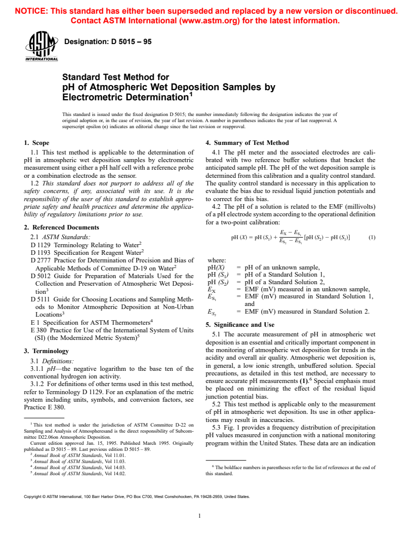 ASTM D5015-95 - Standard Test Method for pH of Atmospheric Wet Deposition Samples by Electrometric Determination