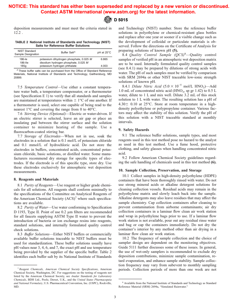 ASTM D5015-95 - Standard Test Method for pH of Atmospheric Wet Deposition Samples by Electrometric Determination