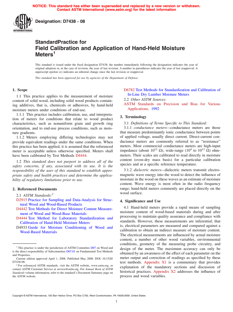 ASTM D7438-08 - Standard Practice for Field Calibration and Application of Hand-Held Moisture Meters