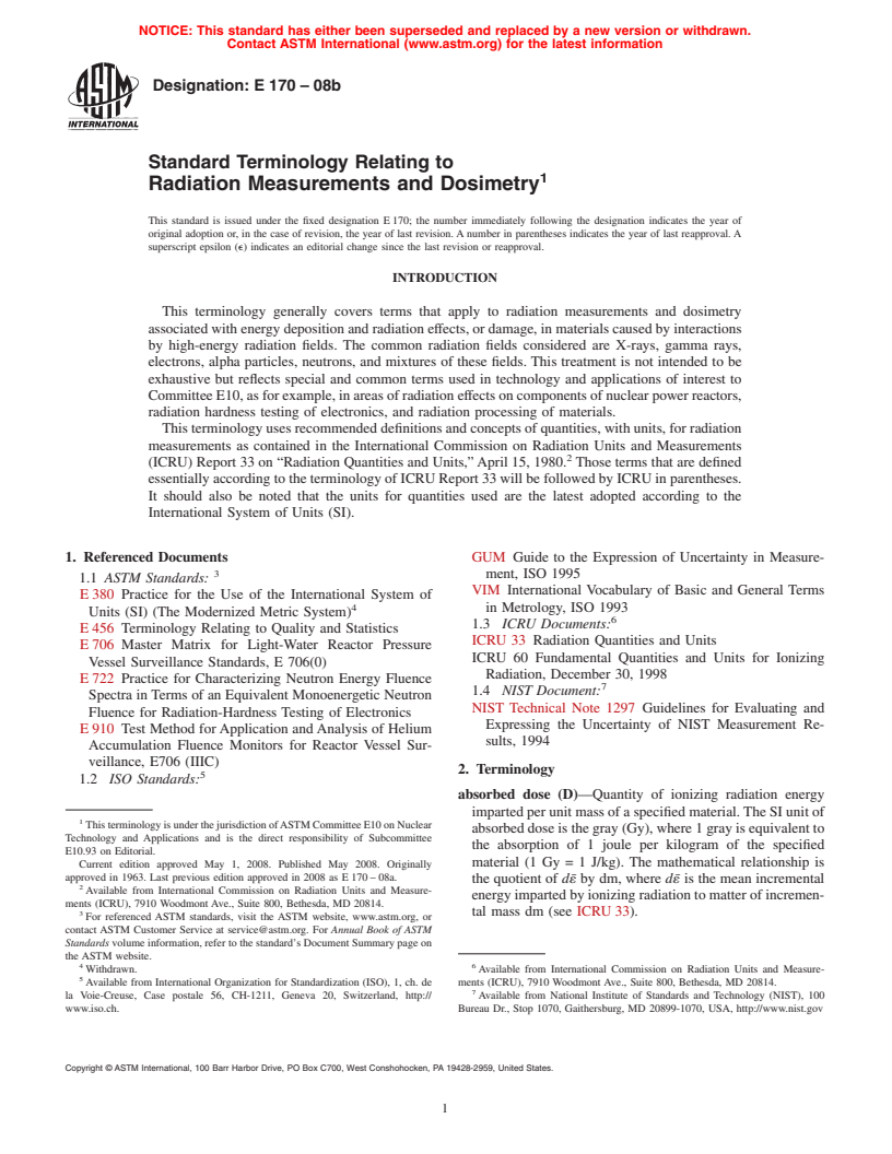 ASTM E170-08b - Standard Terminology Relating to  Radiation Measurements and Dosimetry