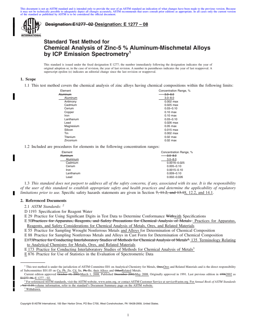 REDLINE ASTM E1277-08 - Standard Test Method for Chemical Analysis of Zinc-5 % Aluminum-Mischmetal Alloys by  ICP Emission Spectrometry