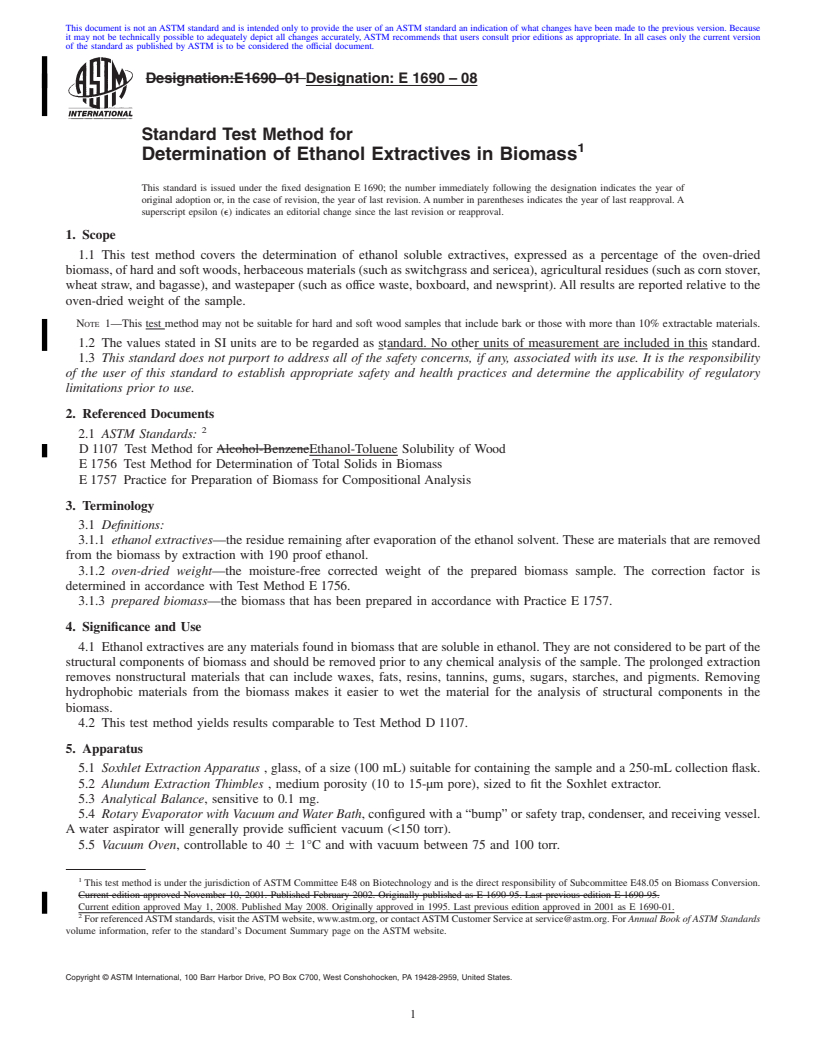 REDLINE ASTM E1690-08 - Standard Test Method for  Determination of Ethanol Extractives in Biomass