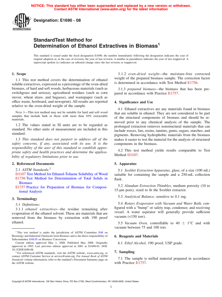 ASTM E1690-08 - Standard Test Method for  Determination of Ethanol Extractives in Biomass