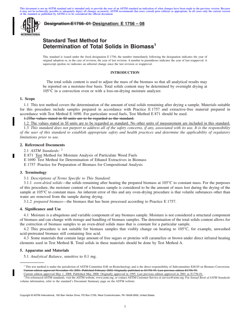 REDLINE ASTM E1756-08 - Standard Test Method for  Determination of Total Solids in Biomass