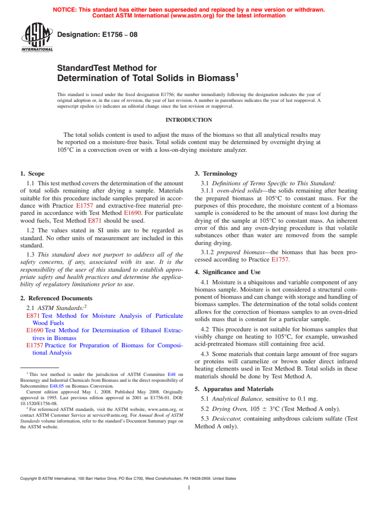 ASTM E1756-08 - Standard Test Method for  Determination of Total Solids in Biomass