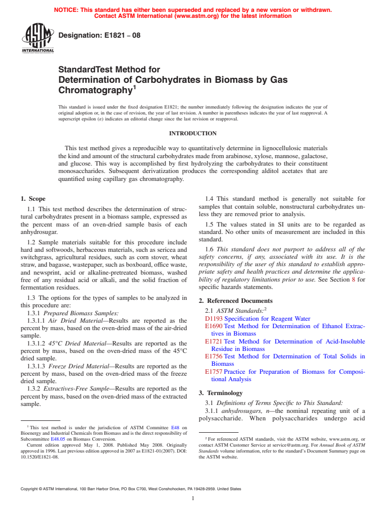 ASTM E1821-08 - Standard Test Method for  Determination of Carbohydrates in Biomass by Gas Chromatography