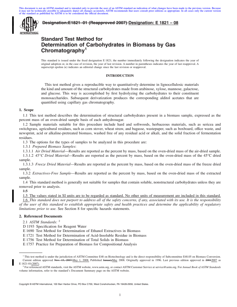 REDLINE ASTM E1821-08 - Standard Test Method for  Determination of Carbohydrates in Biomass by Gas Chromatography