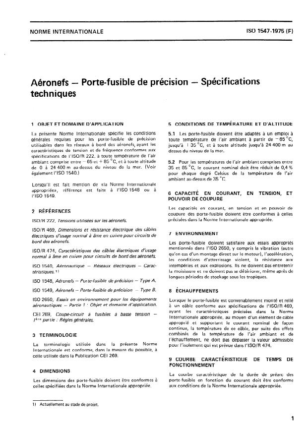 ISO 1547:1975 - Aéronefs -- Porte-fusible de précision -- Spécifications techniques