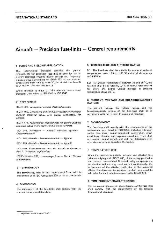 ISO 1547:1975 - Aircraft -- Precision fuse-links -- General requirements