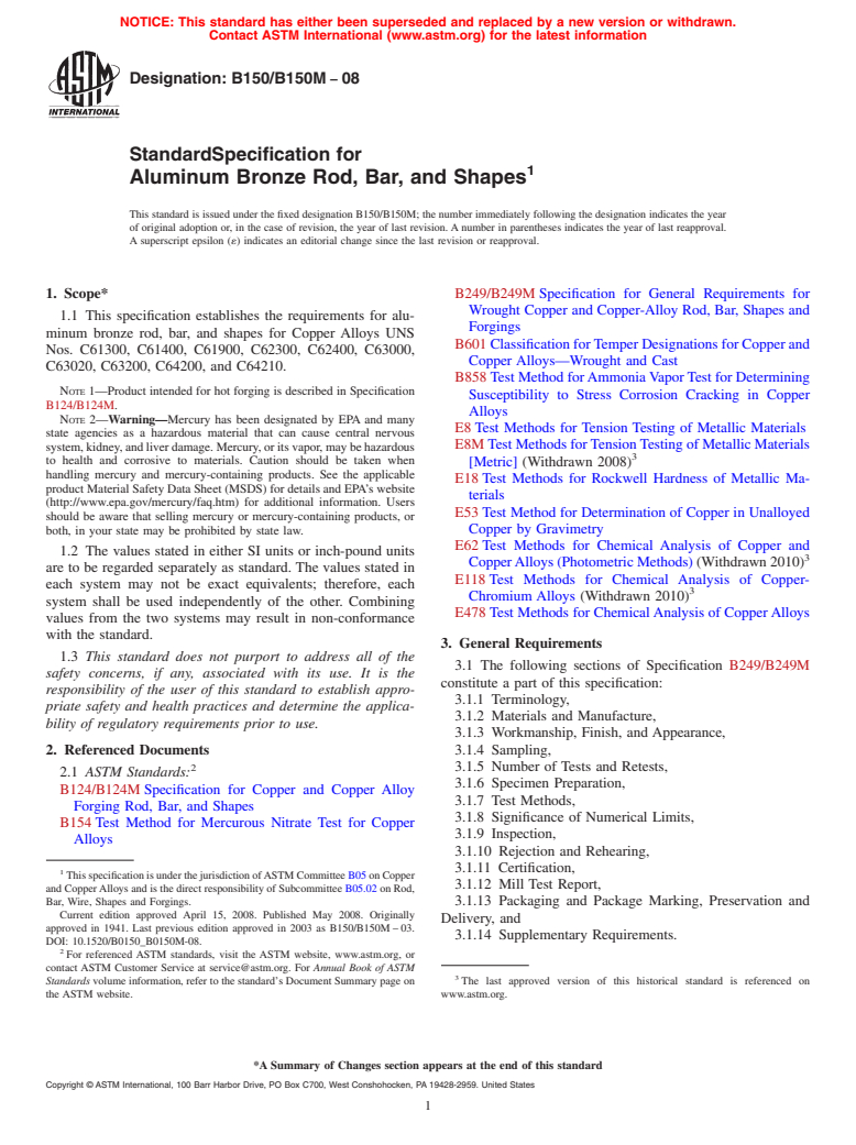 ASTM B150/B150M-08 - Standard Specification for Aluminum Bronze Rod, Bar, and Shapes