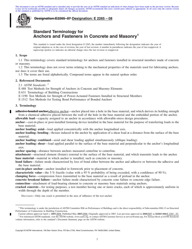 REDLINE ASTM E2265-08 - Standard Terminology for Anchors and Fasteners in Concrete and Masonry