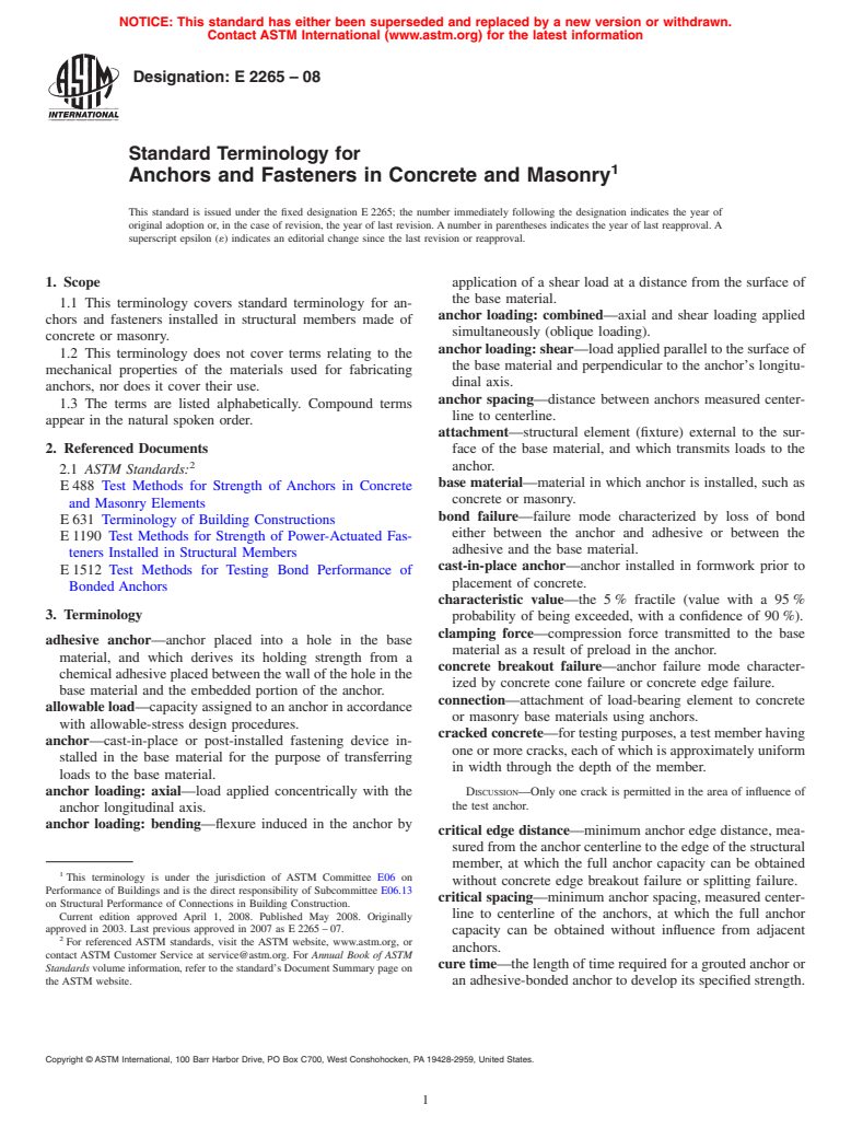 ASTM E2265-08 - Standard Terminology for Anchors and Fasteners in Concrete and Masonry