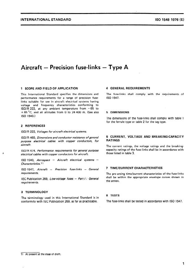 ISO 1548:1976 - Aircraft -- Precision fuse-links -- Type A