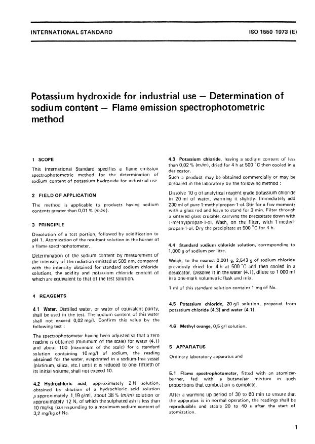 ISO 1550:1973 - Potassium hydroxide for industrial use -- Determination of sodium content -- Flame emission spectrophotometric method