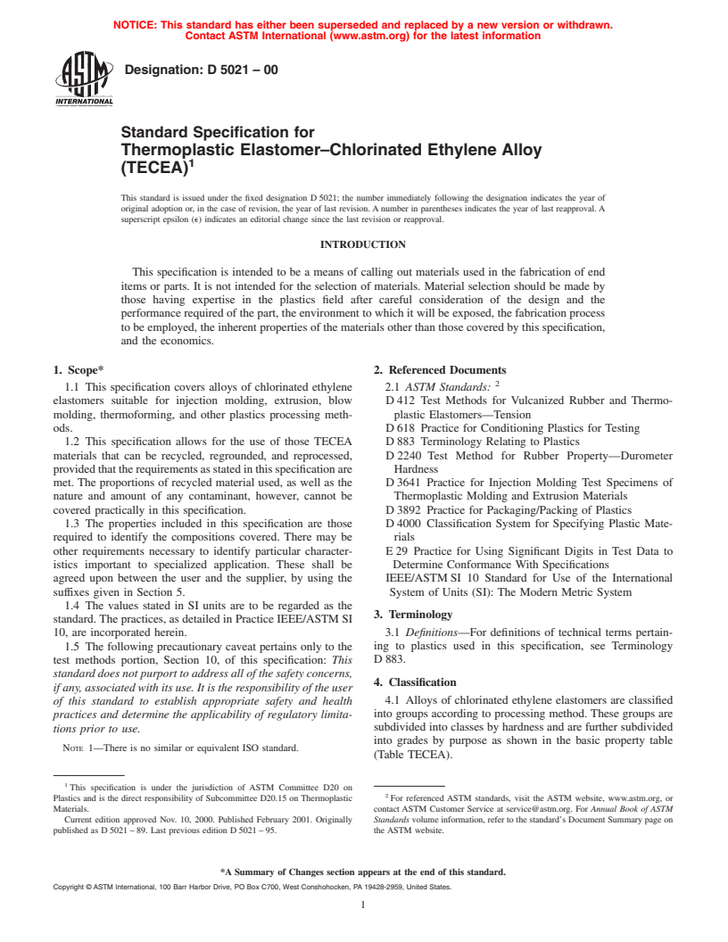 ASTM D5021-00 - Standard Specification for Thermoplastic Elastomer-Chlorinated Ethylene Alloy (TECEA) (Withdrawn 2007)