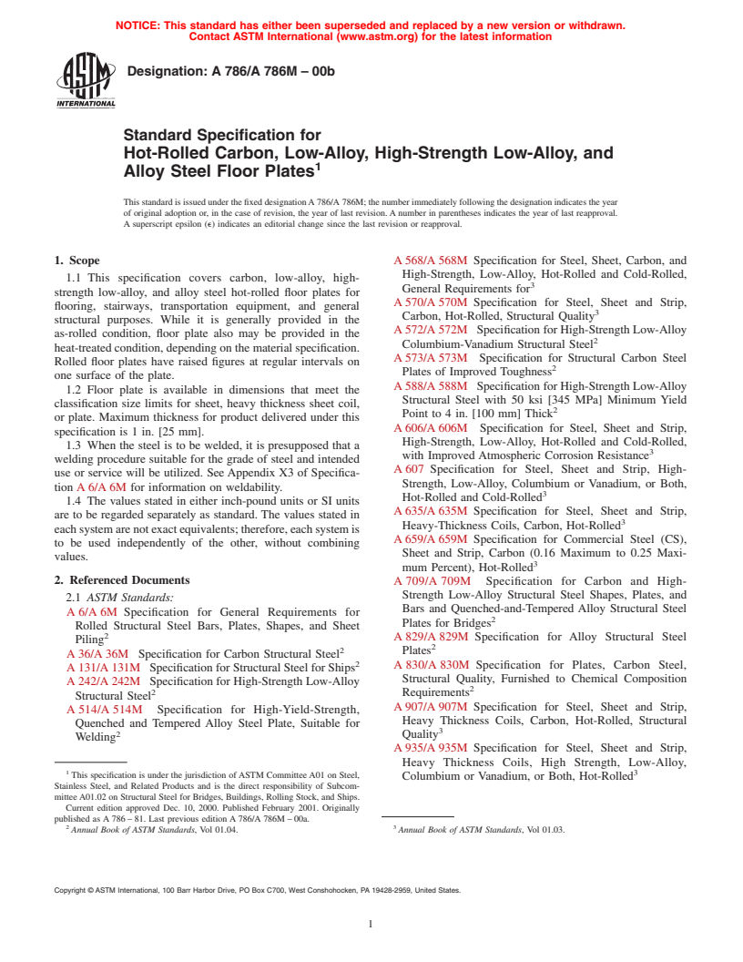 ASTM A786/A786M-00b - Standard Specification for Hot-Rolled Carbon, Low-Alloy, High-Strength Low-Alloy, and Alloy Steel Floor Plates