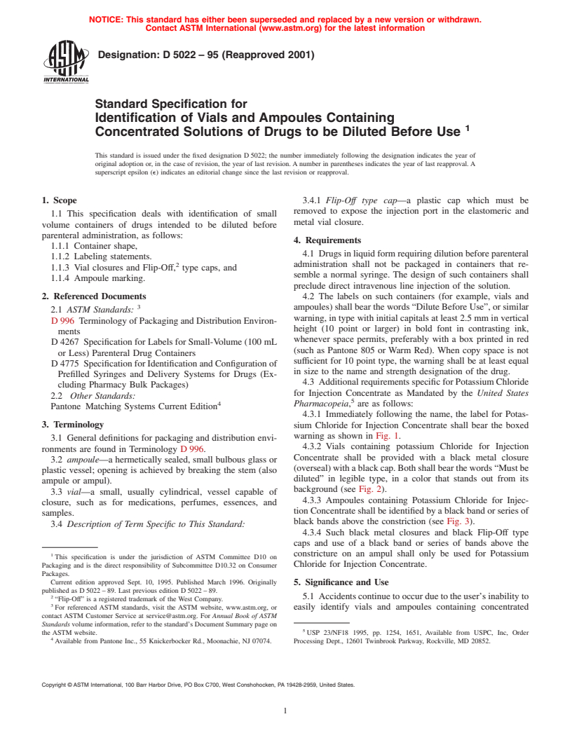 ASTM D5022-95(2001) - Standard Specification for Identification of Vials and Ampoules Containing Concentrated Solutions of Drugs to be Diluted Before Use