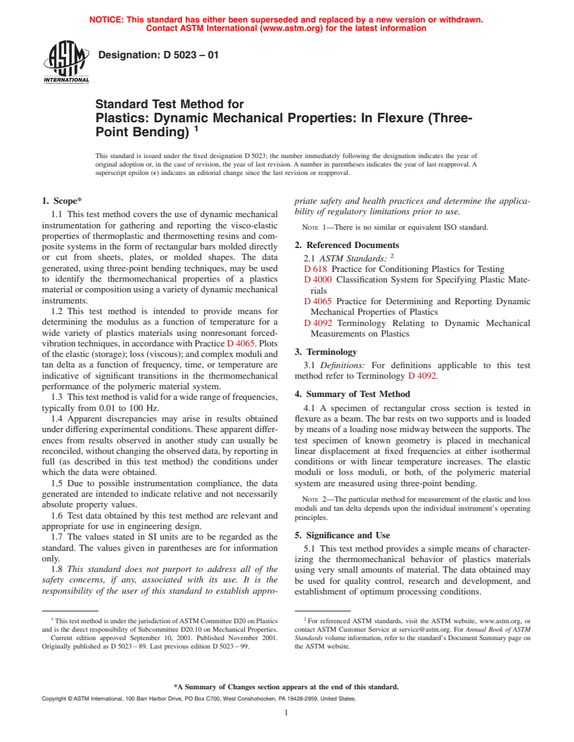 ASTM D5023-01 - Standard Test Method for Measuring the Dynamic Mechanical Properties:  In Flexure (Three-Point Bending)