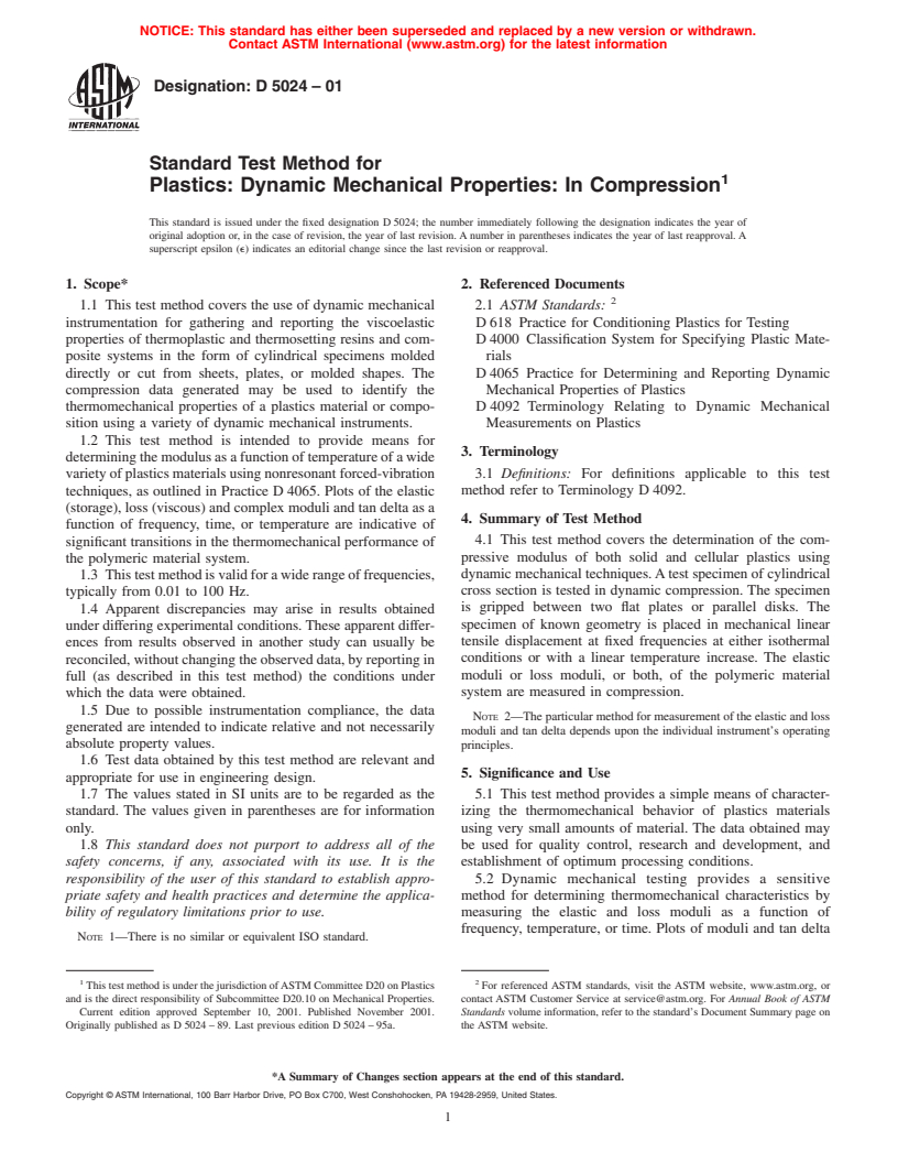 ASTM D5024-01 - Standard Test Method for Plastics: Dynamic Mechanical Properties: In Compression