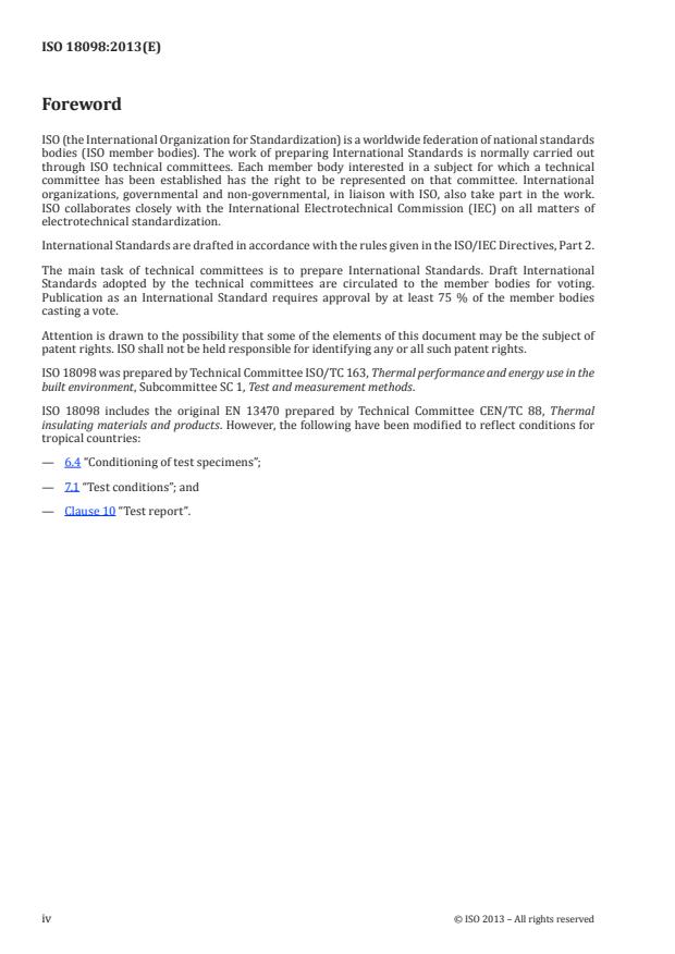 ISO 18098:2013 ISO 18098:2013 - Thermal insulating products for building equipment and industrial installations -- Determination of the apparent density of preformed pipe insulation - Page 4 preview