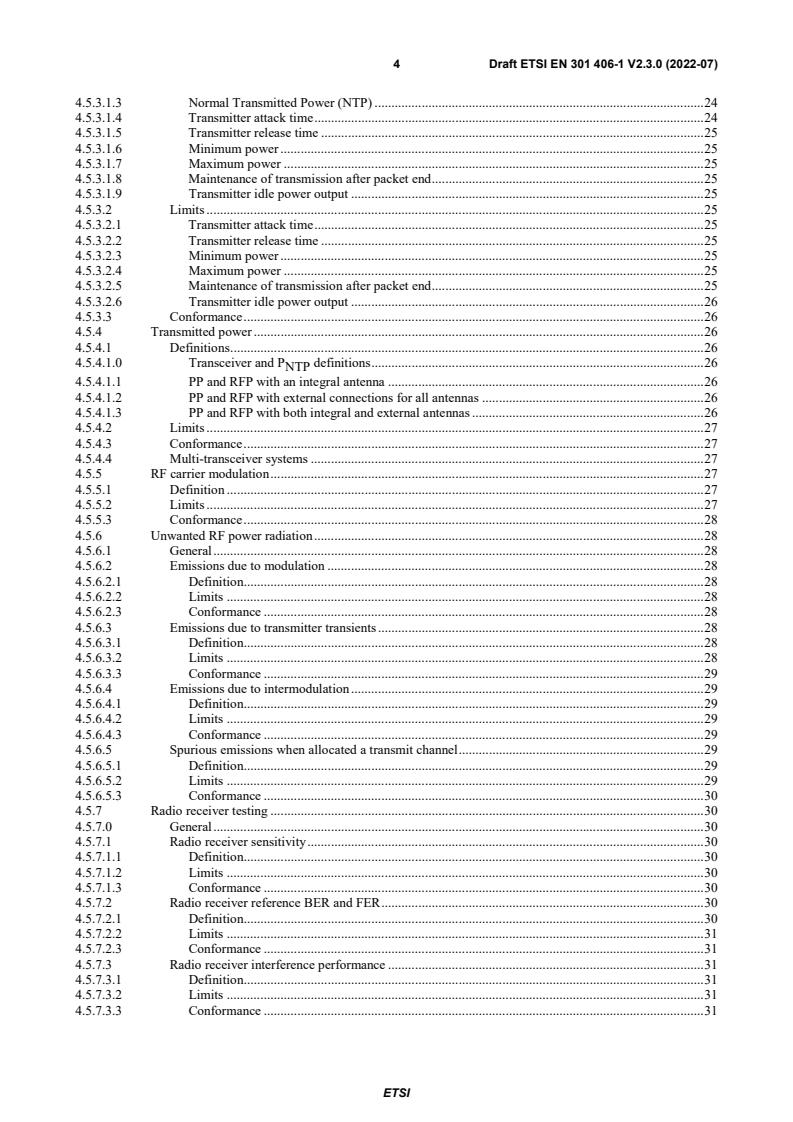SIST EN 301 406-1 V3.1.1:2023 ETSI EN 301 406-1 V2.3.0 (2022-07) - Digital Enhanced Cordless Telecommunications (DECT); Harmonised Standard for access to radio spectrum; Part 1: DECT, DECT Evolution and DECT ULE - Page 4 preview