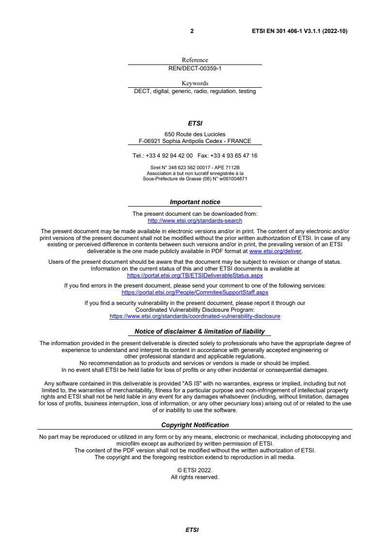 SIST EN 301 406-1 V3.1.1:2023 ETSI EN 301 406-1 V3.1.1 (2022-10) - Digital Enhanced Cordless Telecommunications (DECT); Harmonised Standard for access to radio spectrum; Part 1: DECT, DECT Evolution and DECT ULE - Page 2 preview