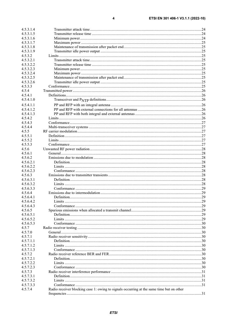 SIST EN 301 406-1 V3.1.1:2023 ETSI EN 301 406-1 V3.1.1 (2022-10) - Digital Enhanced Cordless Telecommunications (DECT); Harmonised Standard for access to radio spectrum; Part 1: DECT, DECT Evolution and DECT ULE - Page 4 preview