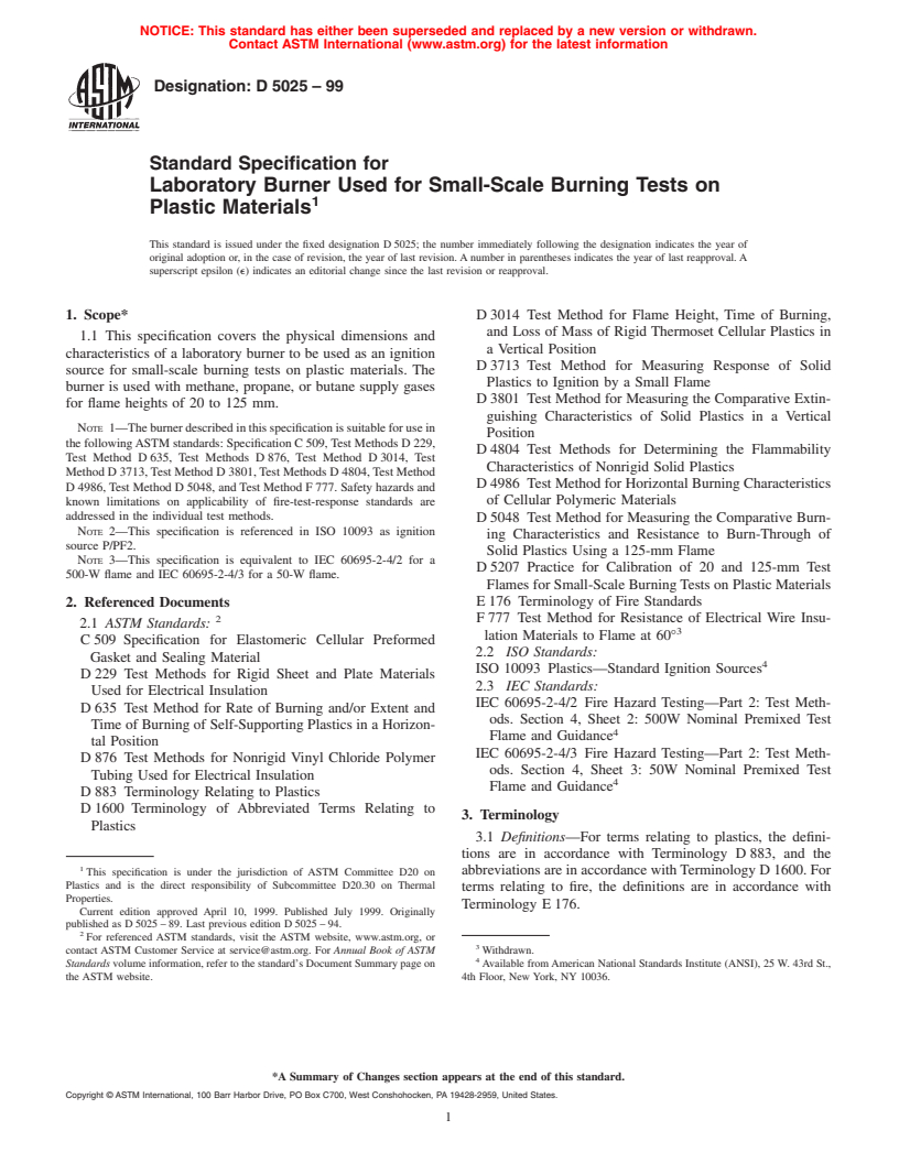 ASTM D5025-99 - Standard Specification for Laboratory Burner Used for Small-Scale Burning Tests on Plastic Materials