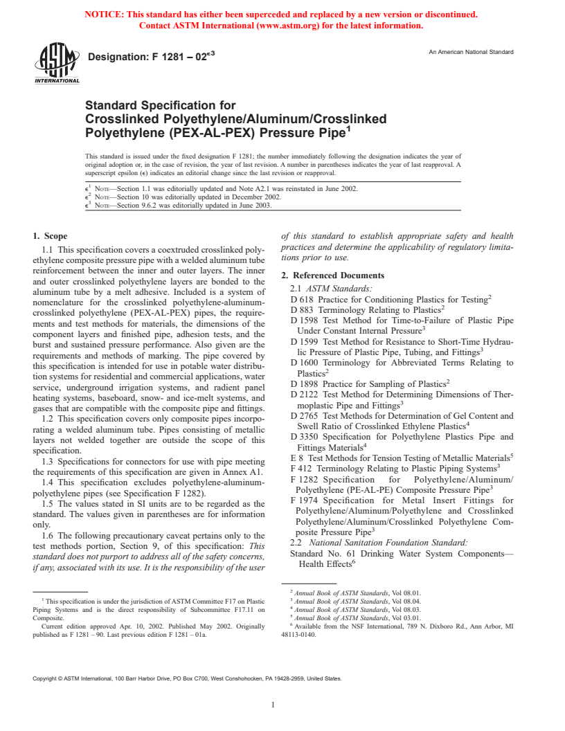 ASTM F1281-02e3 - Standard Specification for Crosslinked Polyethylene/Aluminum/Crosslinked Polyethylene (PEX-AL-PEX) Pressure Pipe