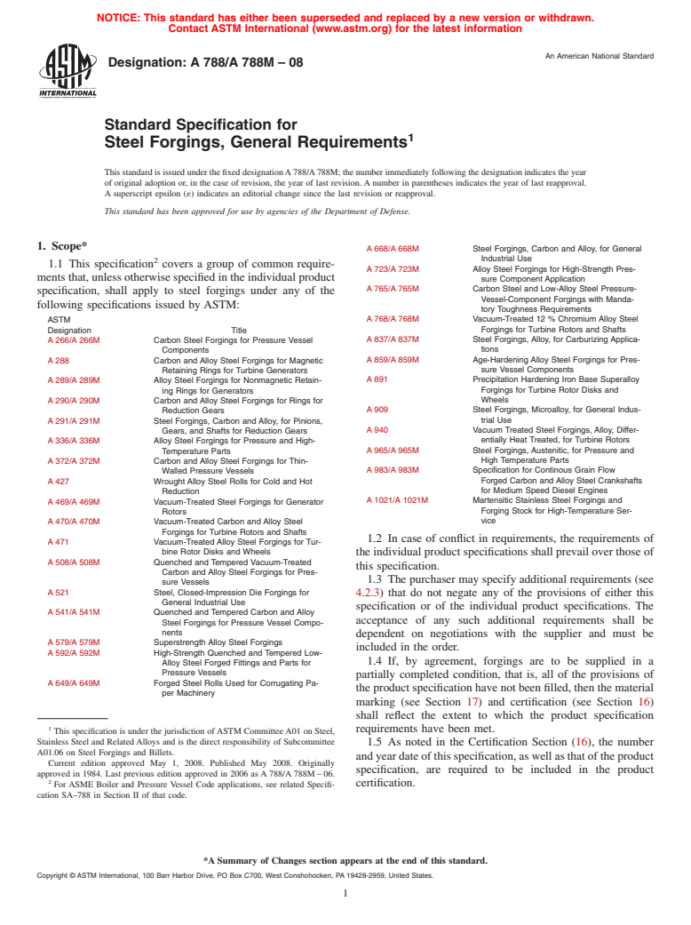 ASTM A788/A788M-08 - Standard Specification for  Steel Forgings, General Requirements