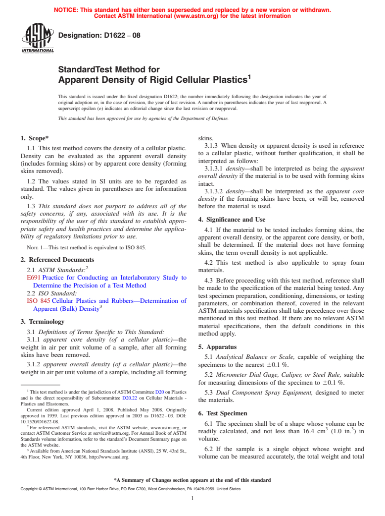 ASTM D1622-08 - Standard Test Method for Apparent Density of Rigid Cellular Plastics