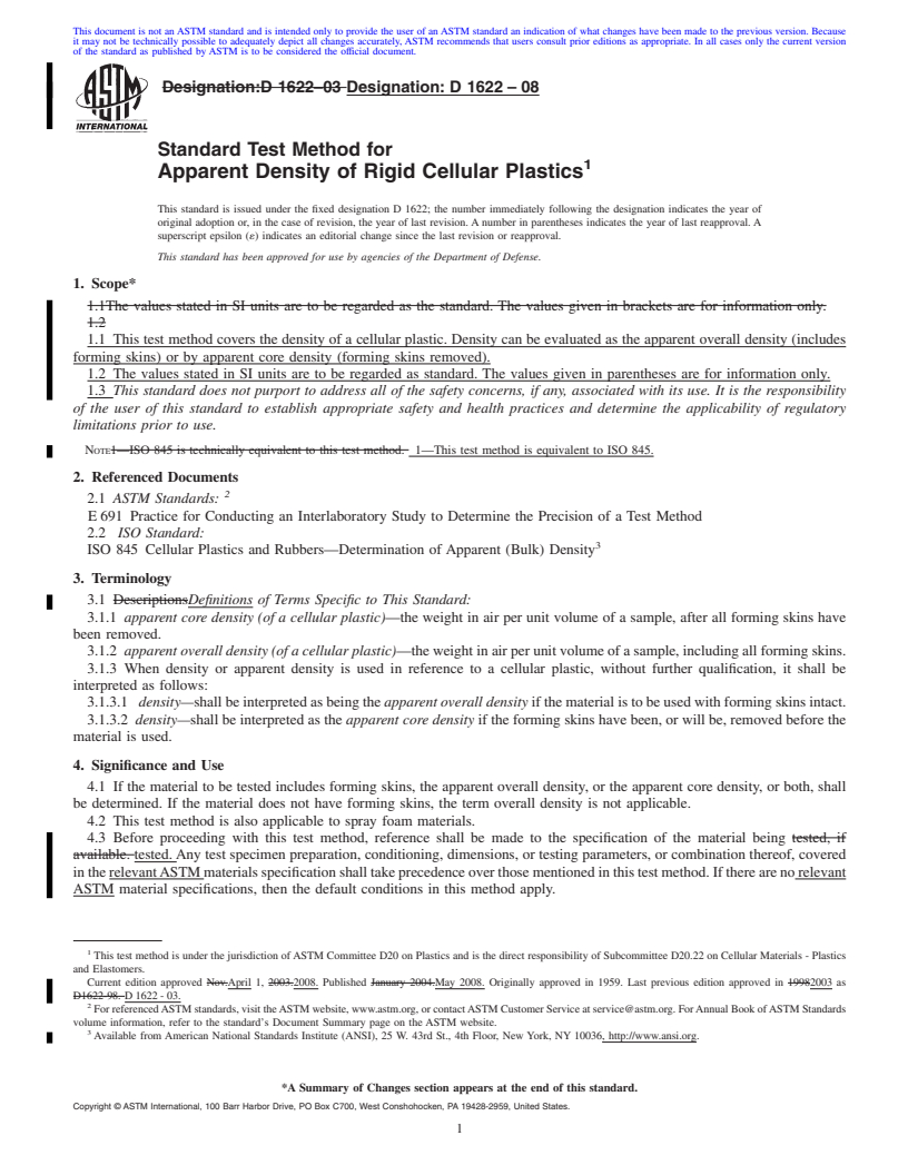 REDLINE ASTM D1622-08 - Standard Test Method for Apparent Density of Rigid Cellular Plastics