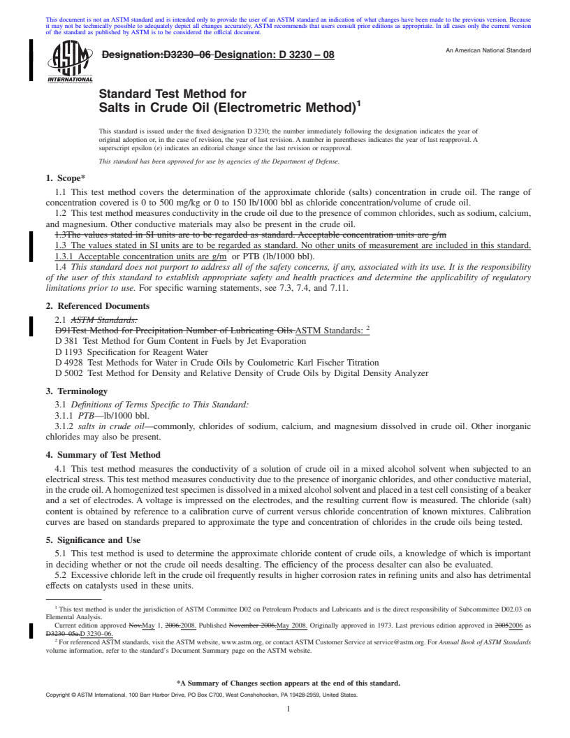 REDLINE ASTM D3230-08 - Standard Test Method for Salts in Crude Oil (Electrometric Method)