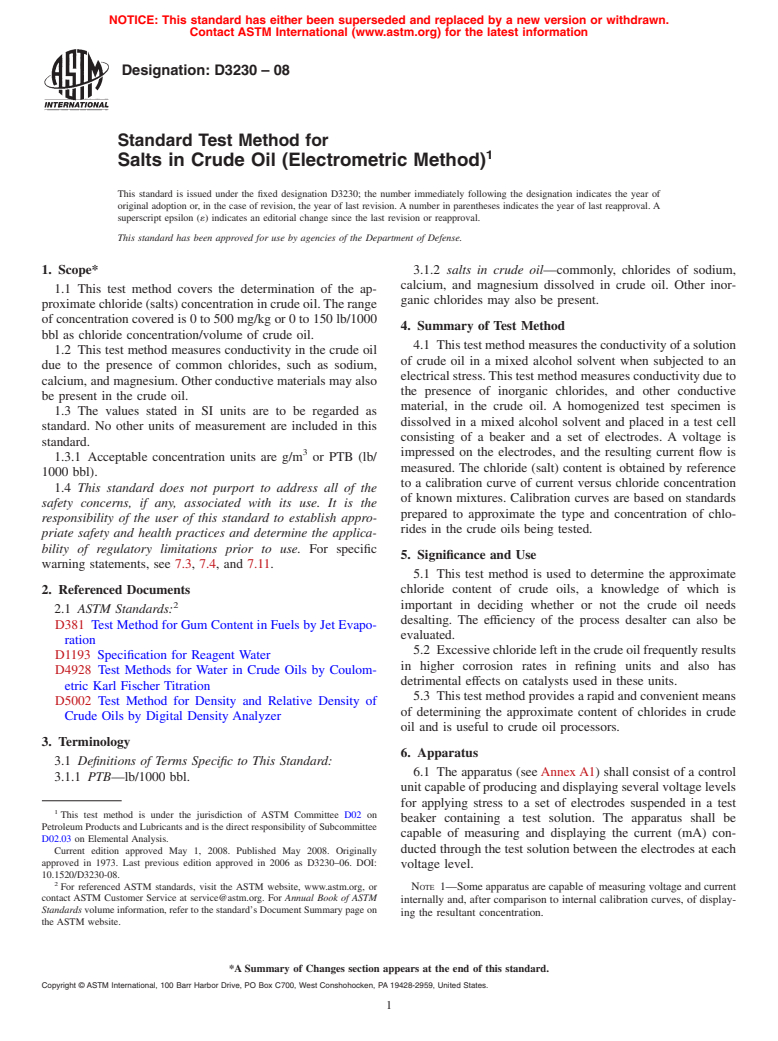 ASTM D3230-08 - Standard Test Method for Salts in Crude Oil (Electrometric Method)