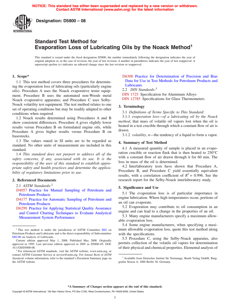 ASTM D5800-08 - Standard Test Method for Evaporation Loss of Lubricating Oils by the Noack Method