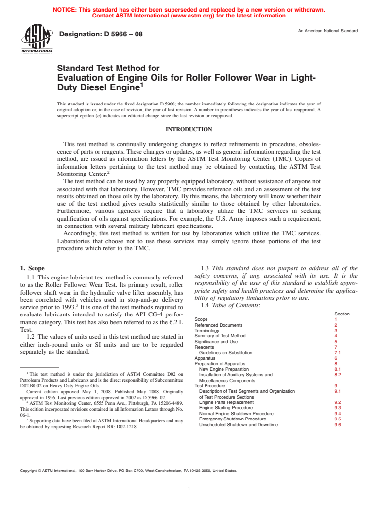 ASTM D5966-08 - Standard Test Method for Evaluation of Engine Oils for Roller Follower Wear in Light-Duty Diesel Engine