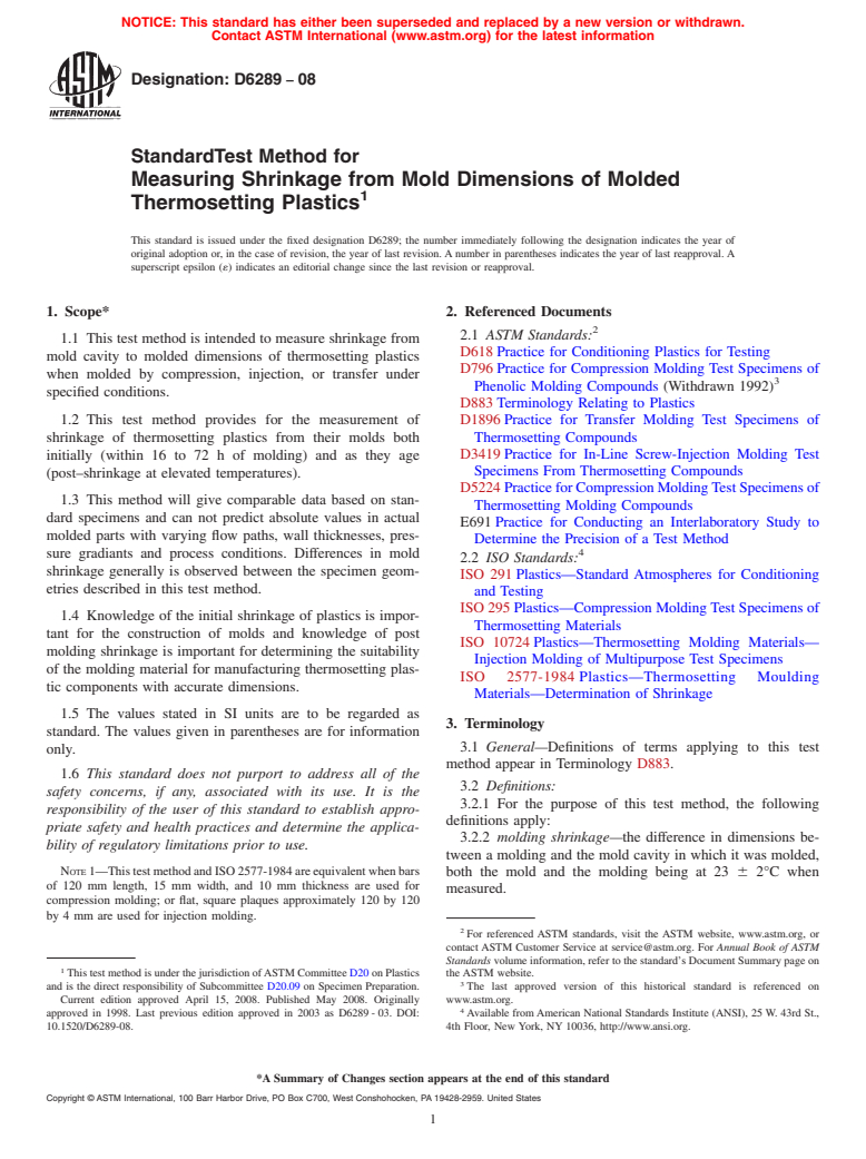 ASTM D6289-08 - Standard Test Method for Measuring Shrinkage from Mold Dimensions of Molded Thermosetting Plastics