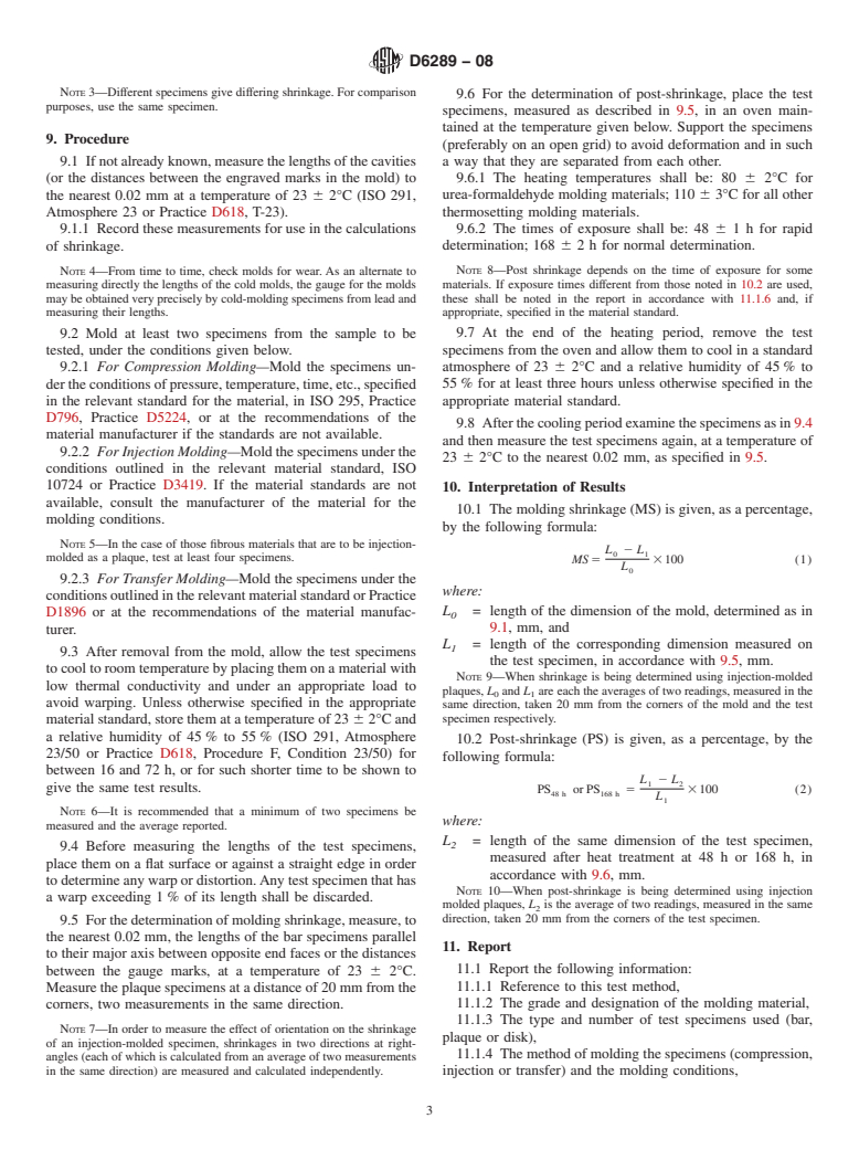 ASTM D6289-08 - Standard Test Method for Measuring Shrinkage from Mold Dimensions of Molded Thermosetting Plastics