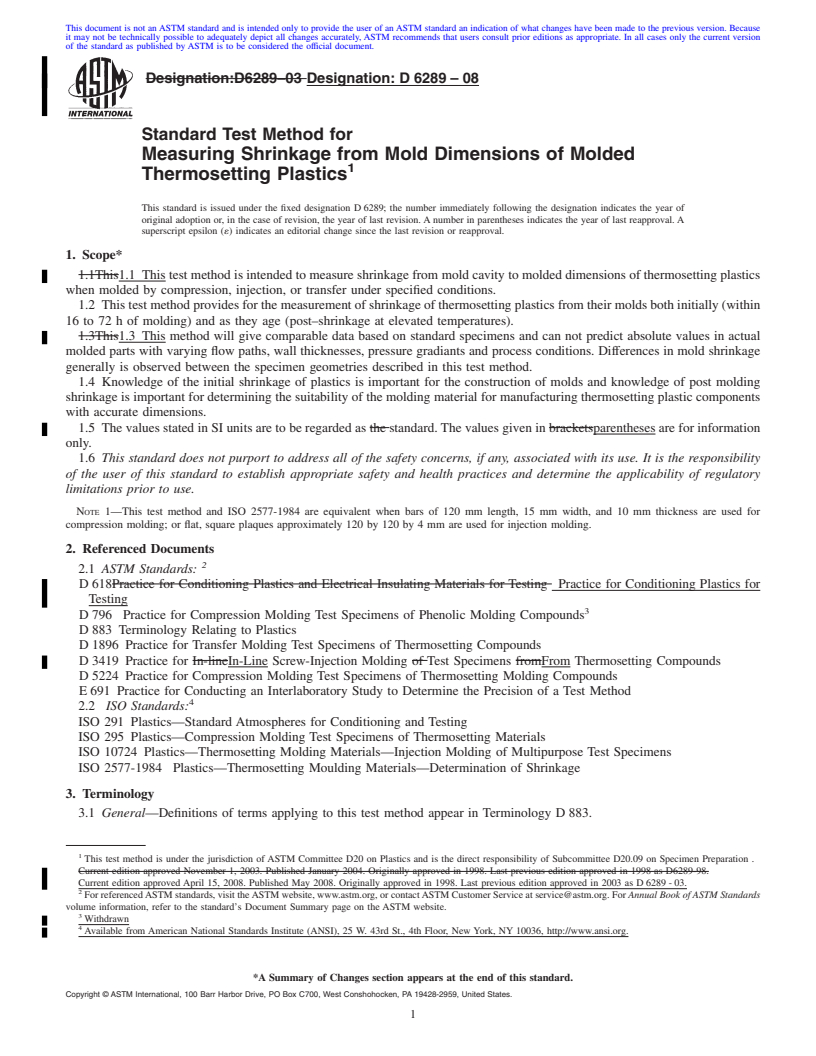 REDLINE ASTM D6289-08 - Standard Test Method for Measuring Shrinkage from Mold Dimensions of Molded Thermosetting Plastics