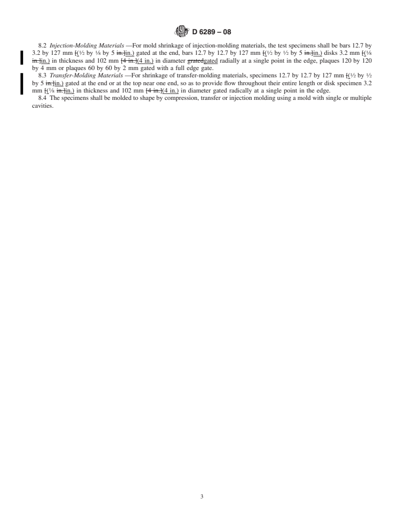 REDLINE ASTM D6289-08 - Standard Test Method for Measuring Shrinkage from Mold Dimensions of Molded Thermosetting Plastics