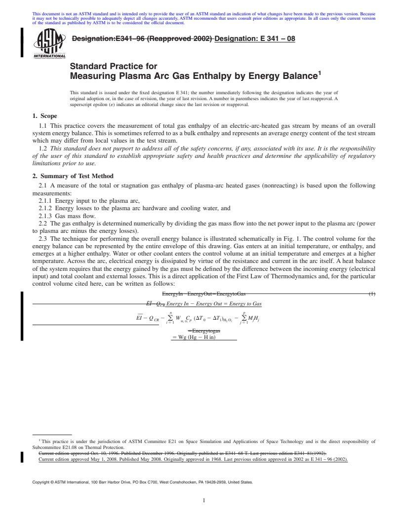 REDLINE ASTM E341-08 - Standard Practice for  Measuring Plasma Arc Gas Enthalpy by Energy Balance