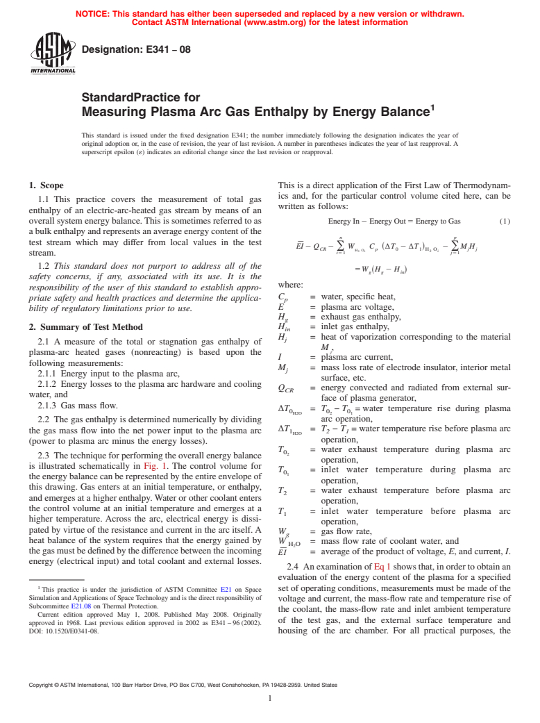 ASTM E341-08 - Standard Practice for  Measuring Plasma Arc Gas Enthalpy by Energy Balance