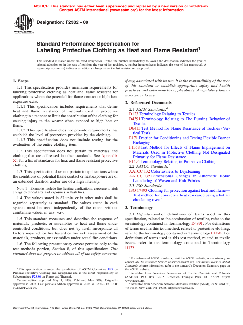 ASTM F2302-08 - Standard Performance Specification for Labeling Protective Clothing as Heat and Flame Resistant (Withdrawn 2017)