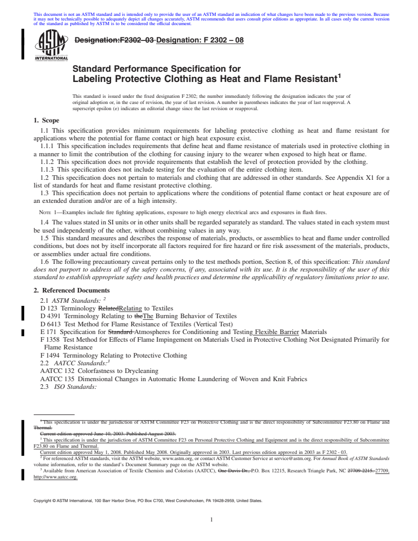 REDLINE ASTM F2302-08 - Standard Performance Specification for Labeling Protective Clothing as Heat and Flame Resistant (Withdrawn 2017)