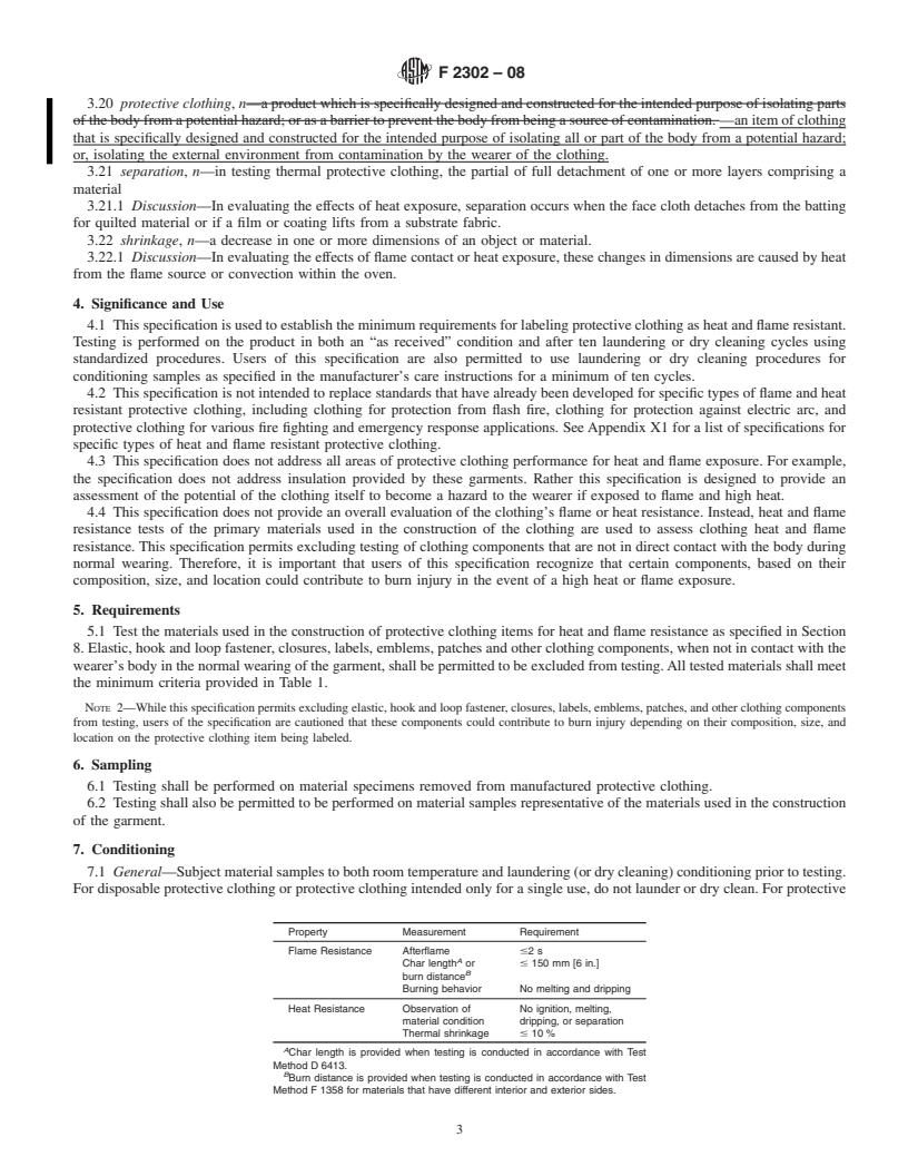 REDLINE ASTM F2302-08 - Standard Performance Specification for Labeling Protective Clothing as Heat and Flame Resistant (Withdrawn 2017)