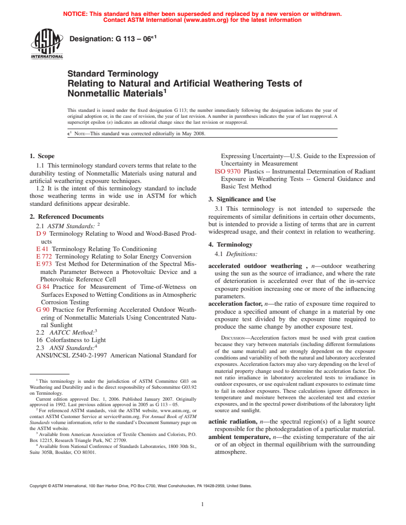 ASTM G113-06e1 - Standard Terminology Relating to Natural and Artificial Weathering Tests of Nonmetallic Materials