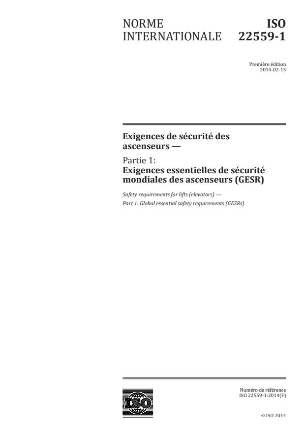 ISO 22559-1:2014 - Exigences de sécurité des ascenseurs